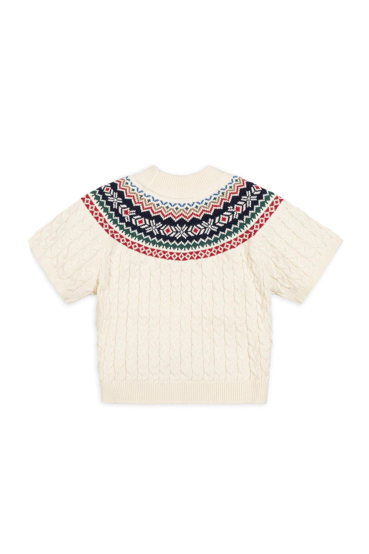 Ivory organic cotton sweater featuring a cozy mock neck and a vibrant Fair Isle design at the shoulders, transitioning into a textured cable knit. Perfect for toddlers and kids.