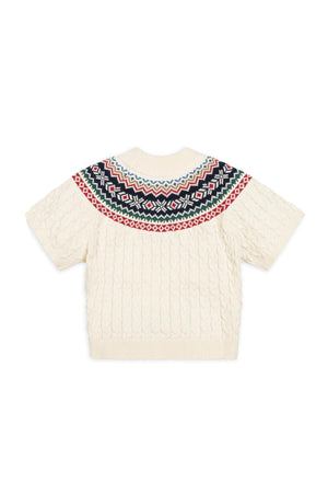 Ivory organic cotton sweater featuring a cozy mock neck and a vibrant Fair Isle design at the shoulders, transitioning into a textured cable knit. Perfect for toddlers and kids.