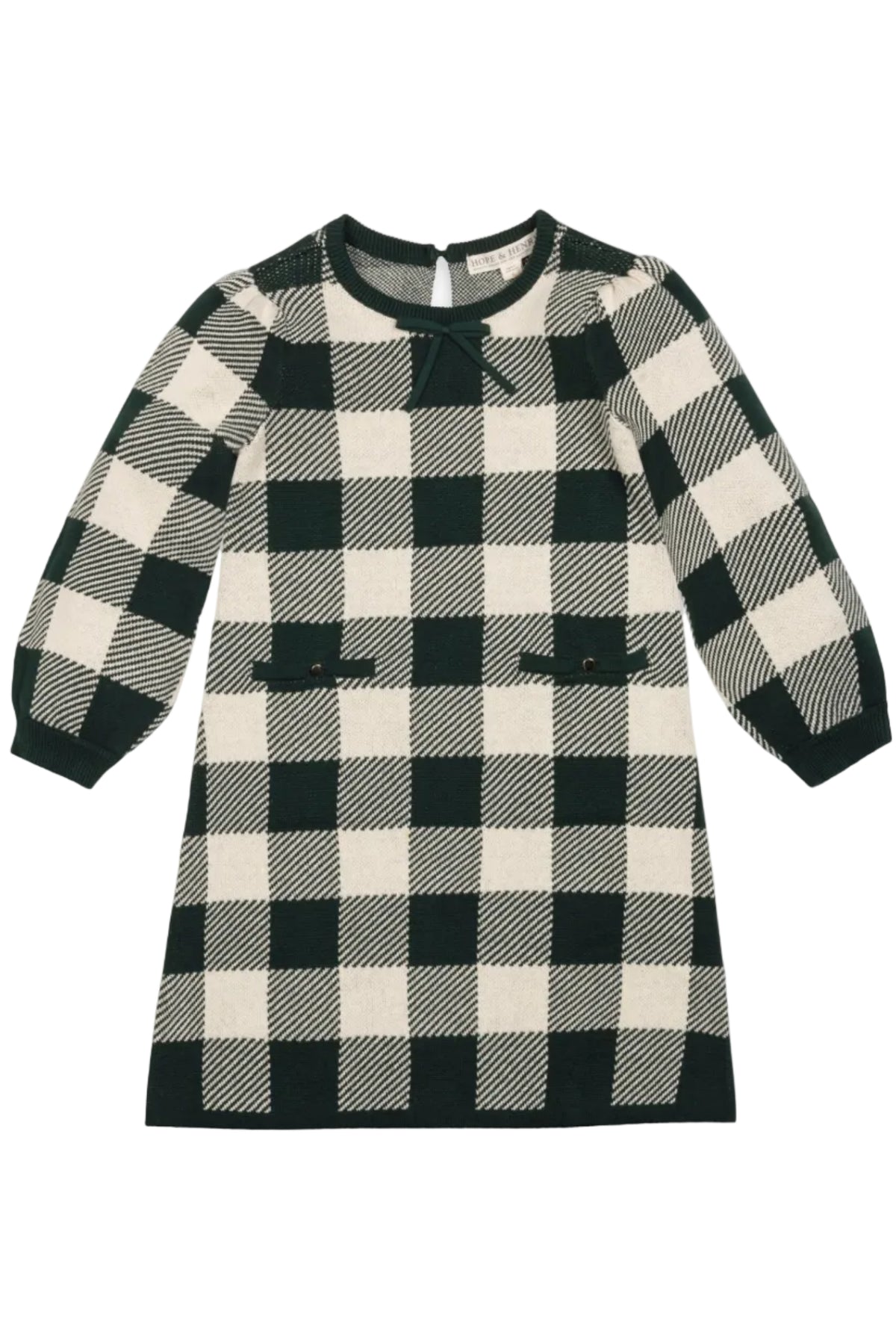 Organic Cotton Puff Sleeve Sweater Dress, Deep Green Check, Toddler & Kids