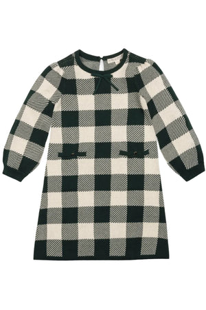 Organic Cotton Puff Sleeve Sweater Dress, Deep Green Check, Toddler & Kids