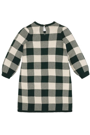 Organic Cotton Puff Sleeve Sweater Dress, Deep Green Check, Toddler & Kids
