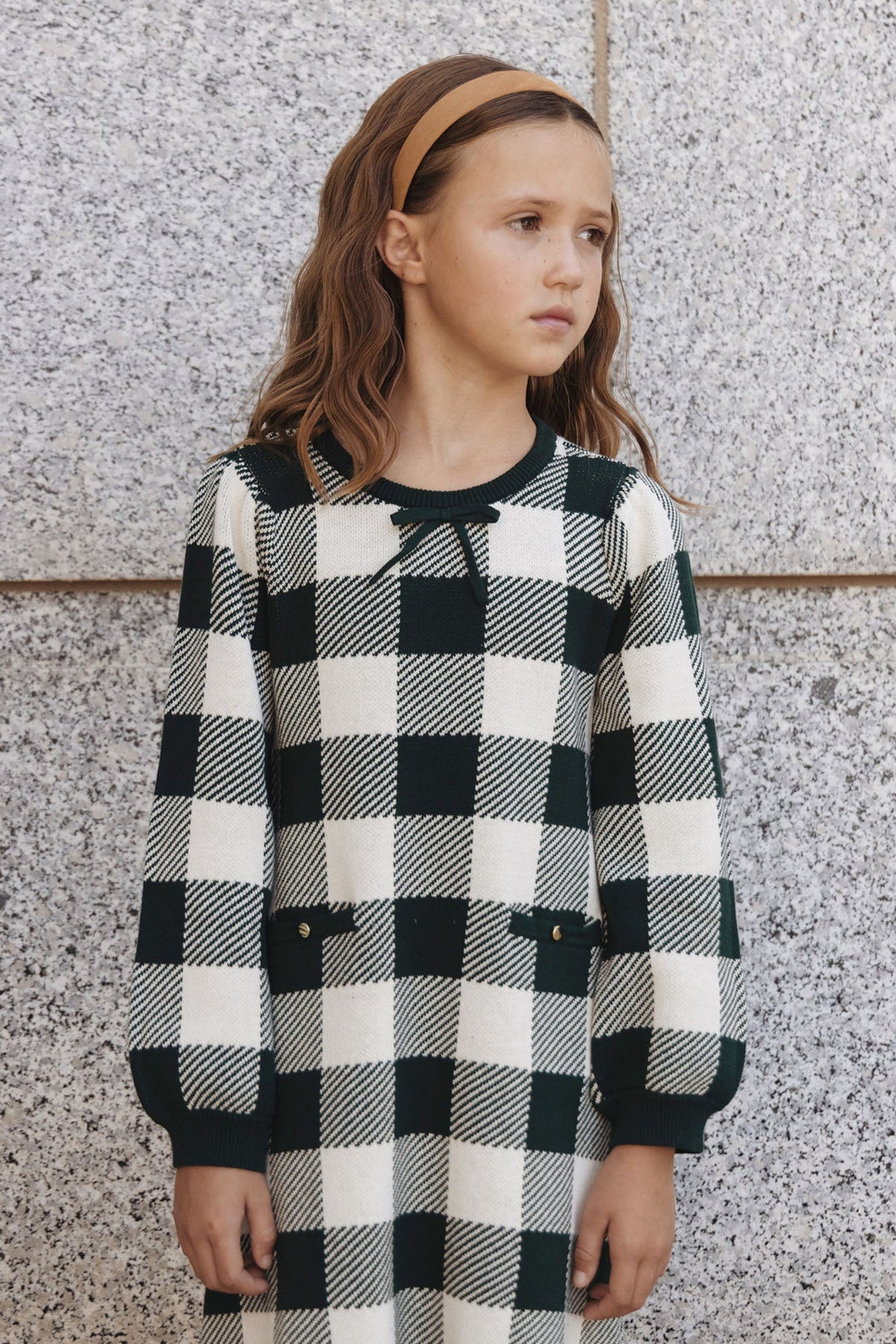 Organic Cotton Puff Sleeve Sweater Dress, Deep Green Check, Toddler & Kids
