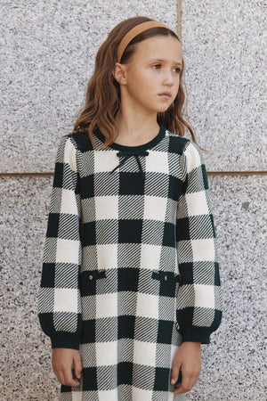 Organic Cotton Puff Sleeve Sweater Dress, Deep Green Check, Toddler & Kids