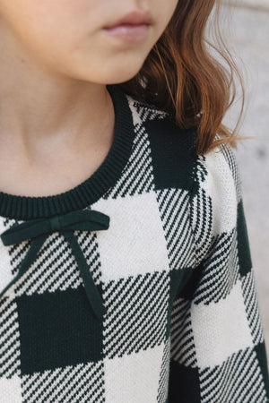 Organic Cotton Puff Sleeve Sweater Dress, Deep Green Check, Toddler & Kids