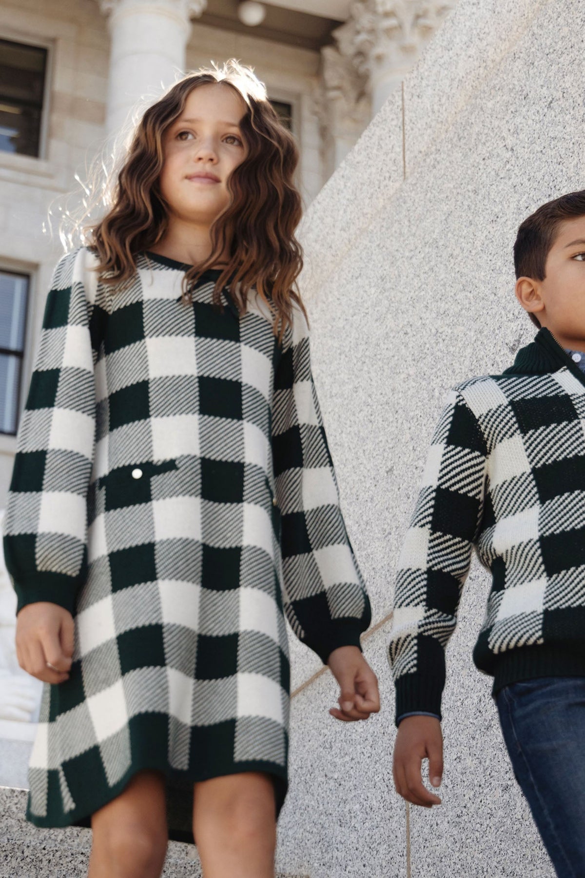 Organic Cotton Puff Sleeve Sweater Dress, Deep Green Check, Toddler & Kids