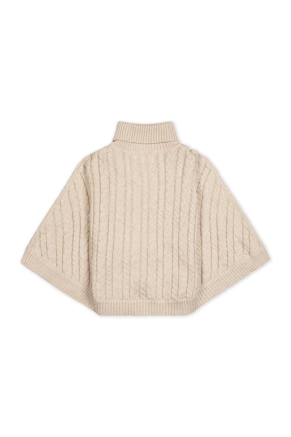Light oatmeal organic cotton turtleneck sweater cape featuring a cozy rib knit design and an allover cable pattern. Ideal for toddlers and girls, this stylish piece offers warmth and comfort.