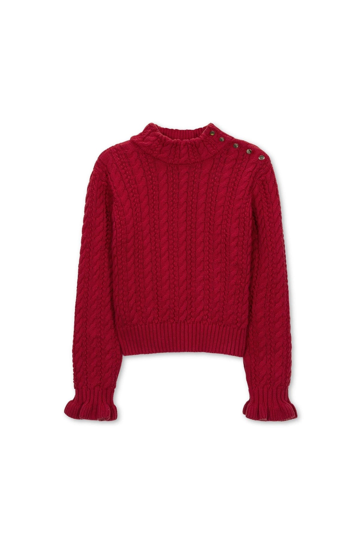 A vibrant red organic cotton turtleneck sweater featuring a textured cable knit design and ruffle cuffs.