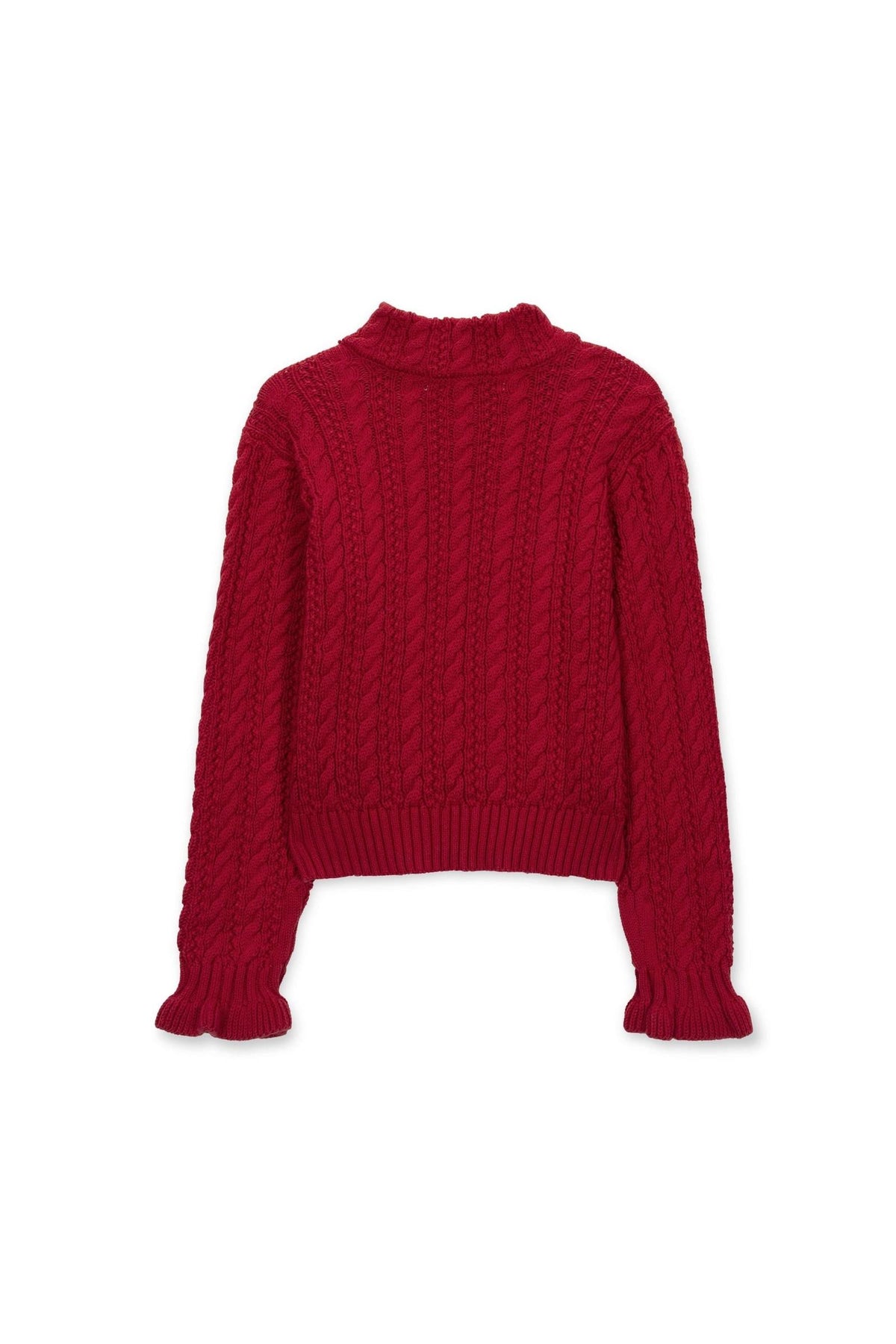A cozy red turtleneck sweater features an allover cable knit design and ruffle cuffs. Made from organic materials, its ideal for toddlers and girls during the fall and winter seasons.