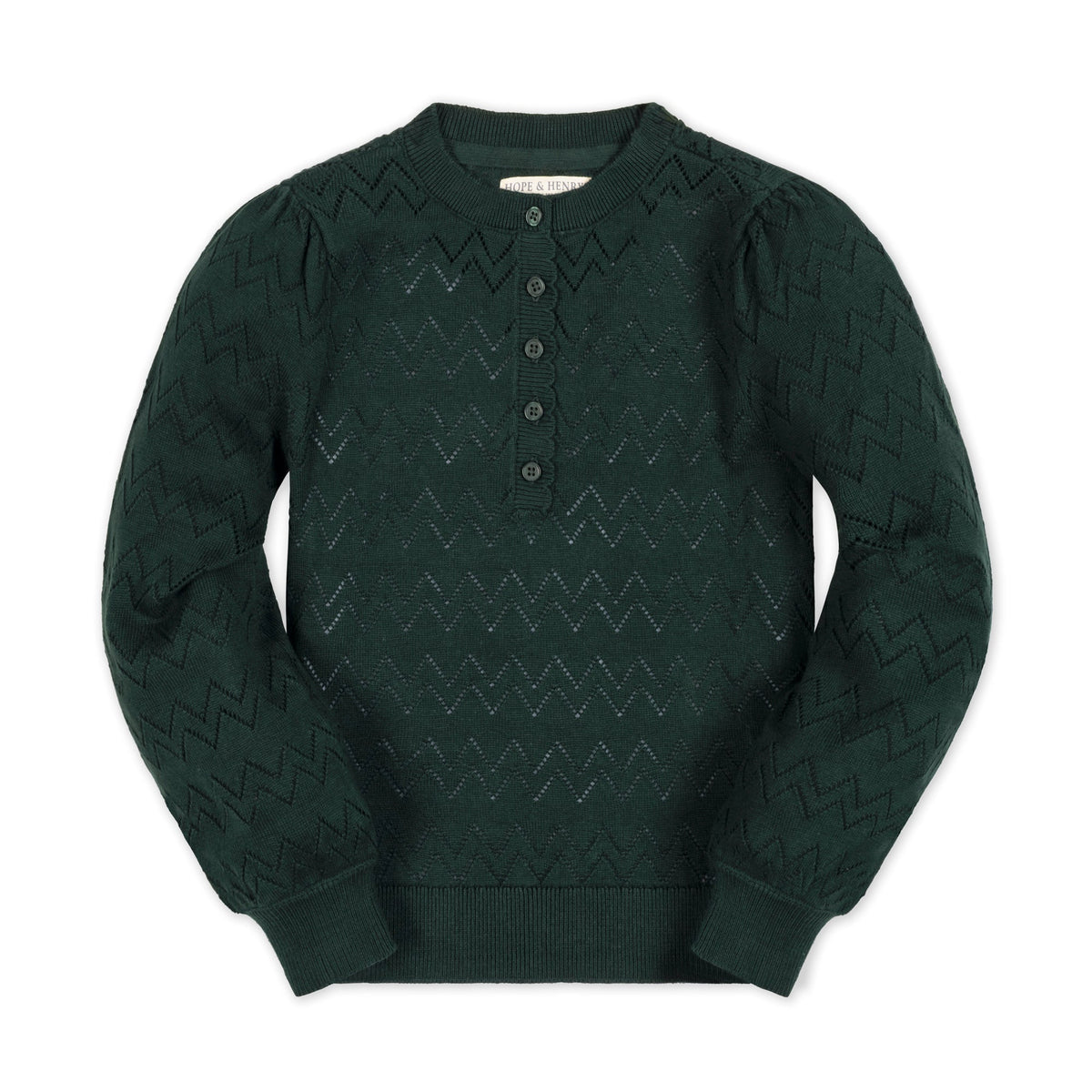 Deep green organic cotton henley sweater featuring puff sleeves and a scallop detail at the placket. The allover textured stitch adds a cozy touch, perfect for toddlers and kids.