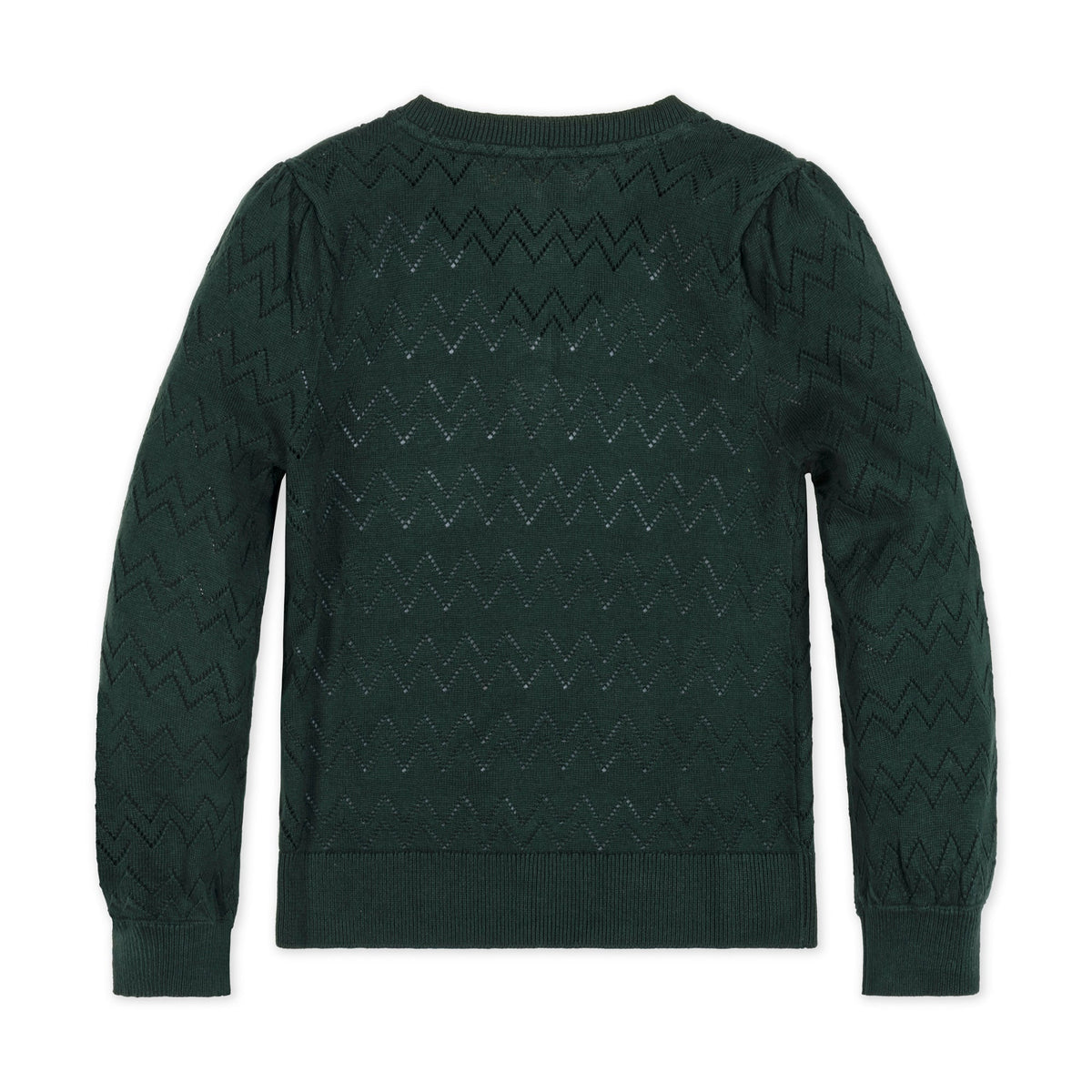 Back view of a deep green organic cotton henley sweater featuring a textured zigzag pattern and puff sleeves, designed for toddlers and kids, promoting sustainable fashion.