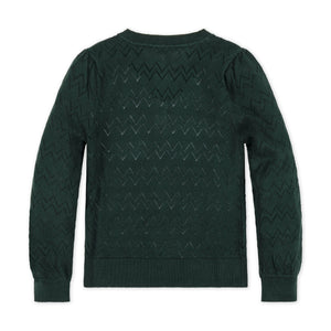 Back view of a deep green organic cotton henley sweater featuring a textured zigzag pattern and puff sleeves, designed for toddlers and kids, promoting sustainable fashion.