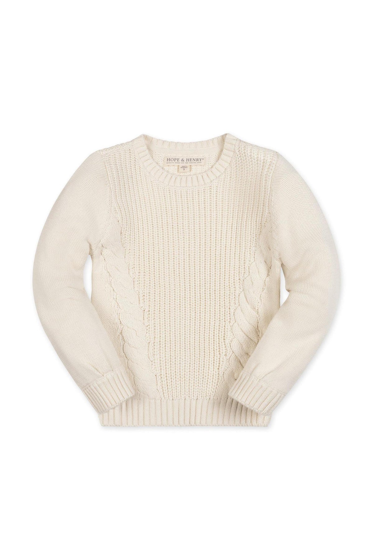 Ivory cable-knit sweater with a crew neckline and bubble sleeves, made from soft organic cotton. Ideal for toddlers and girls, this piece combines comfort with stylish design.