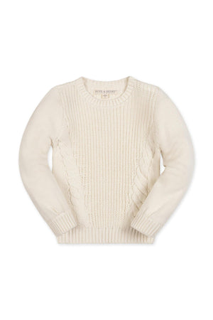 Ivory cable-knit sweater with a crew neckline and bubble sleeves, made from soft organic cotton. Ideal for toddlers and girls, this piece combines comfort with stylish design.