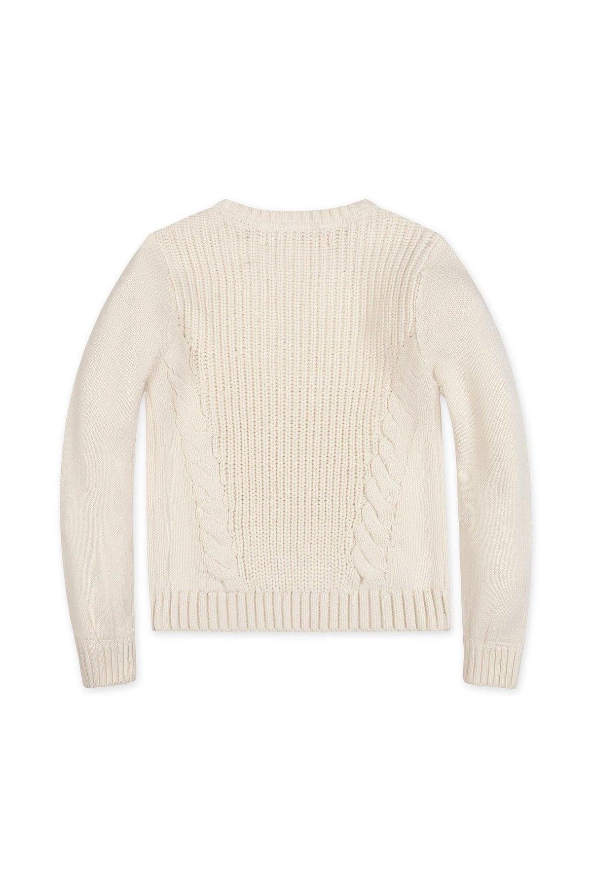 Back view of an organic cotton ivory sweater featuring a mix of cable and rib knit patterns, designed for toddlers and girls. The sweater has a cozy, textured appearance.