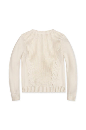 Back view of an organic cotton ivory sweater featuring a mix of cable and rib knit patterns, designed for toddlers and girls. The sweater has a cozy, textured appearance.