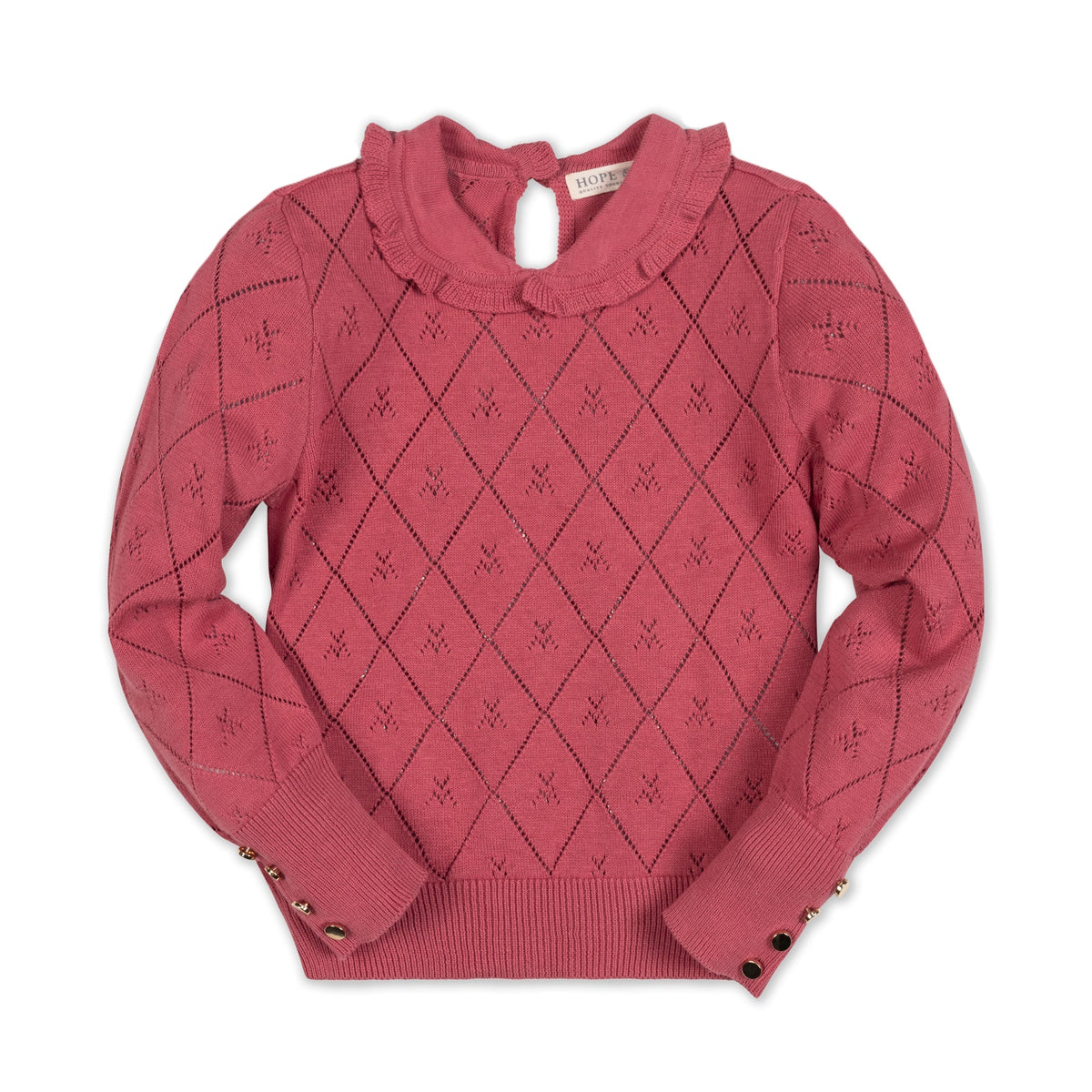 A rosewood-colored organic cotton sweater featuring a delicate Peter Pan collar and diamond knit pattern. It includes gold button cuffs and a keyhole closure at the back for easy dressing.