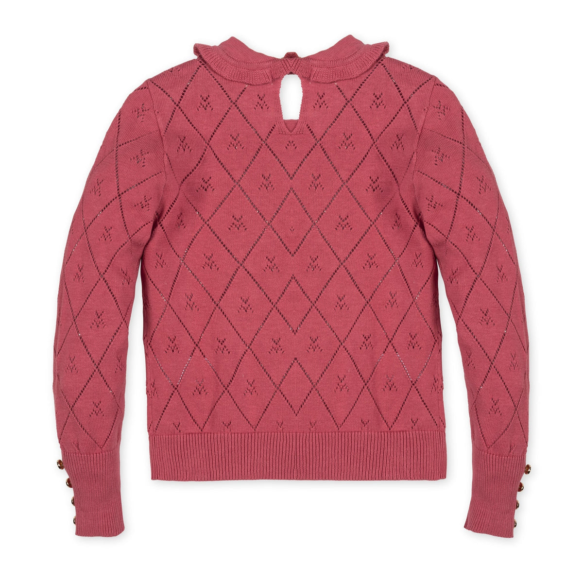 Back view of a rosewood organic cotton sweater featuring a delicate diamond pattern, a peter pan collar, and a keyhole closure at the neck, suitable for toddlers and girls.