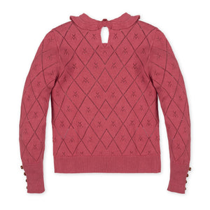 Back view of a rosewood organic cotton sweater featuring a delicate diamond pattern, a peter pan collar, and a keyhole closure at the neck, suitable for toddlers and girls.