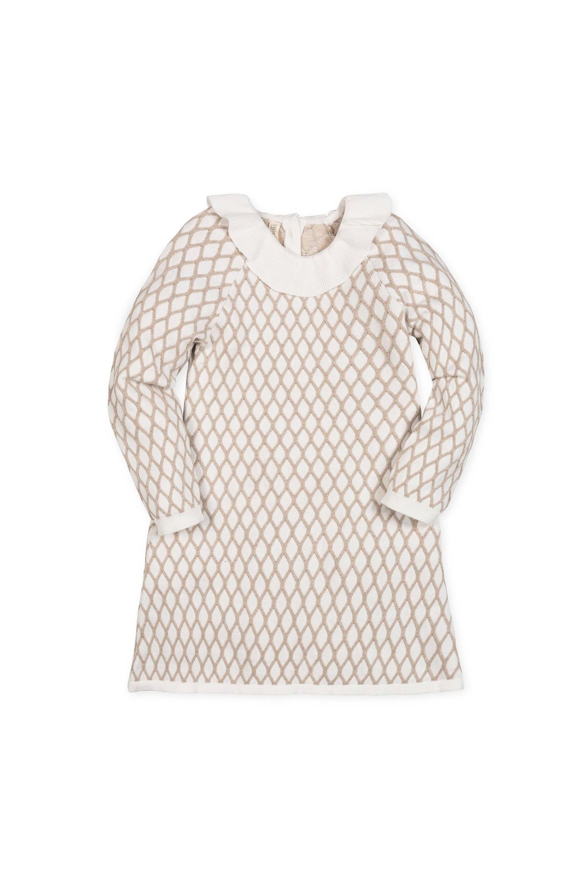 A taupe ruffle collar sweater dress featuring a woven lattice design, made from soft organic cotton. The dress has long sleeves and gold buttons at the back for easy dressing.