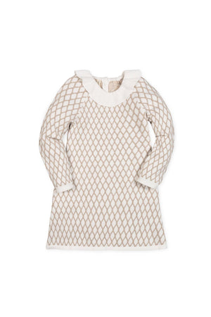 A taupe ruffle collar sweater dress featuring a woven lattice design, made from soft organic cotton. The dress has long sleeves and gold buttons at the back for easy dressing.