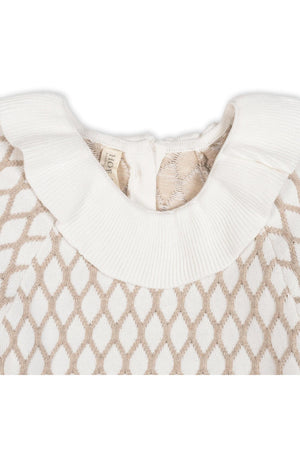 Close-up of an organic cotton sweater dress featuring a taupe lattice pattern and a woven ruffle collar. The dress includes gold buttons at the back for easy dressing.
