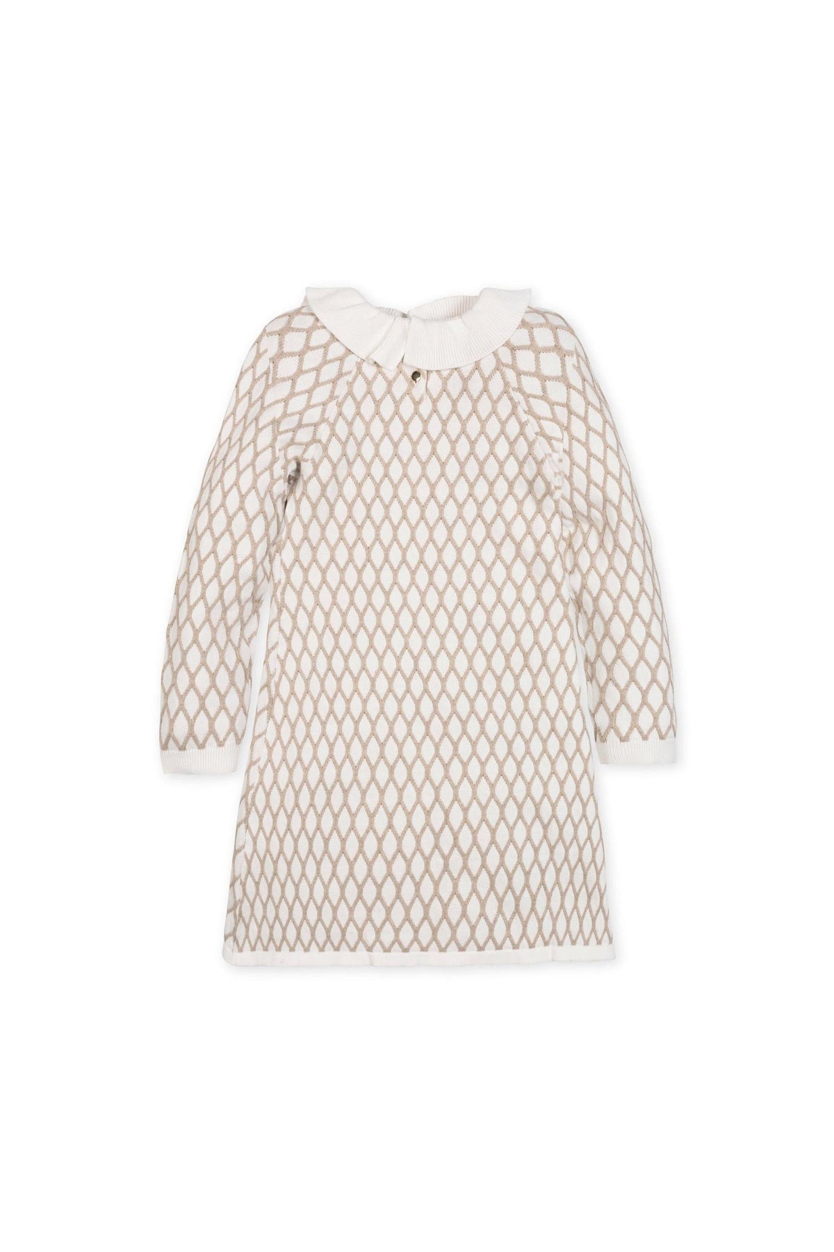 A taupe sweater dress features a woven ruffle collar and an allover lattice stitch, made from soft organic cotton.
