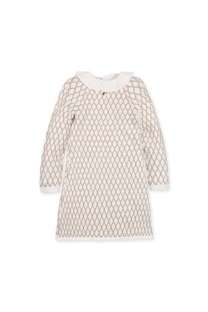 A taupe sweater dress features a woven ruffle collar and an allover lattice stitch, made from soft organic cotton.