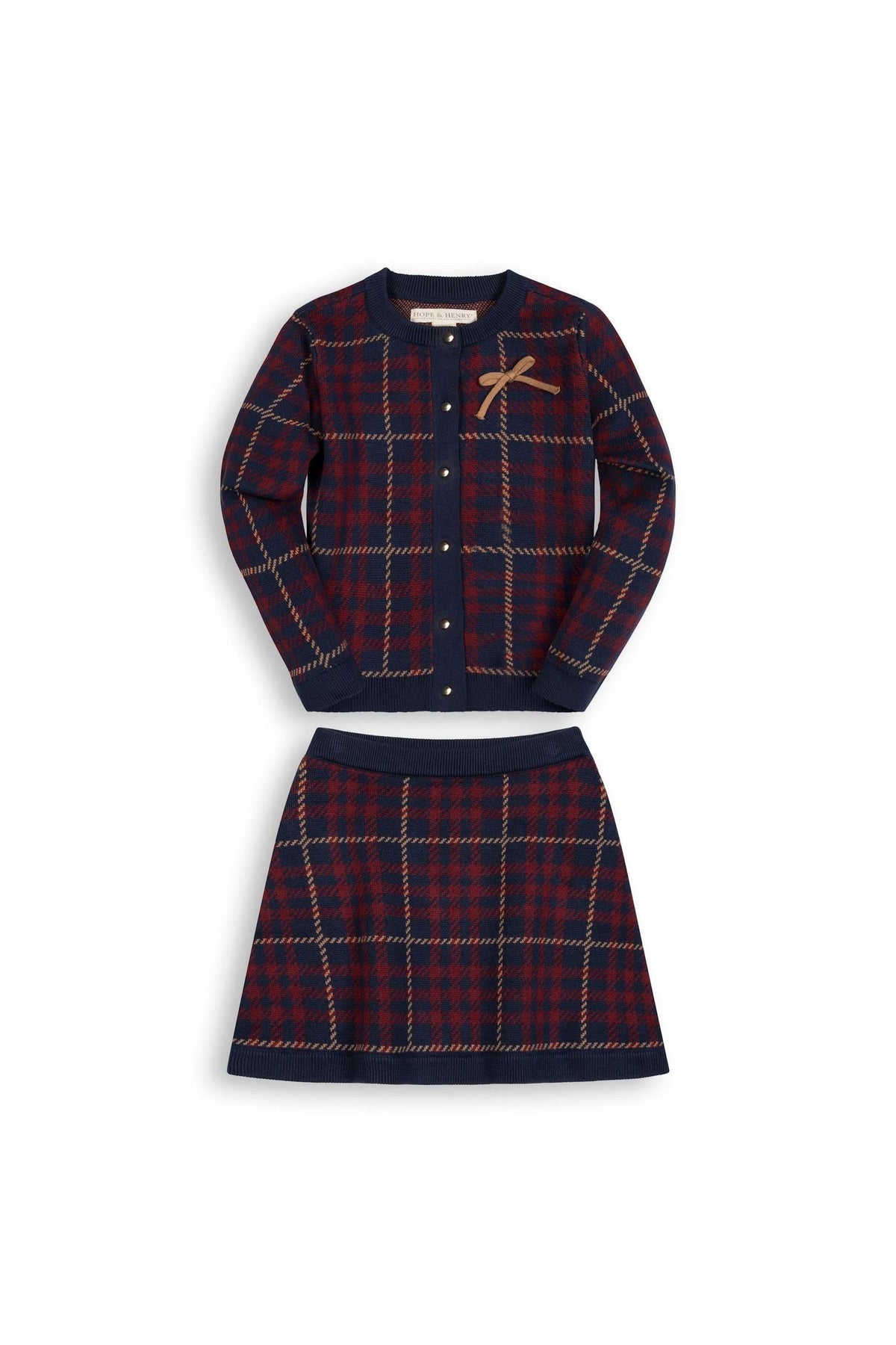 Organic Cotton Cardigan and Skirt Sweater Set, Navy Plaid, Toddler & Kids