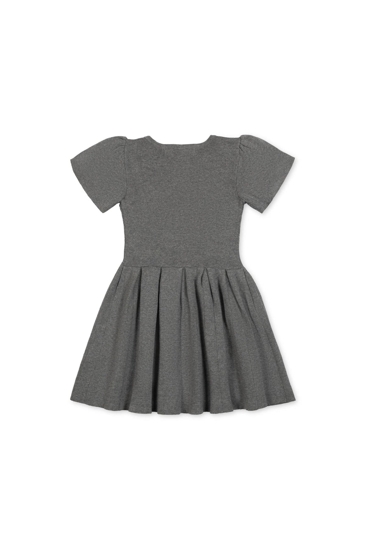 Back view of a dark gray organic cotton pleated sweater dress for toddlers and girls, featuring short puff sleeves and a flowy skirt designed for ease of movement and comfort.