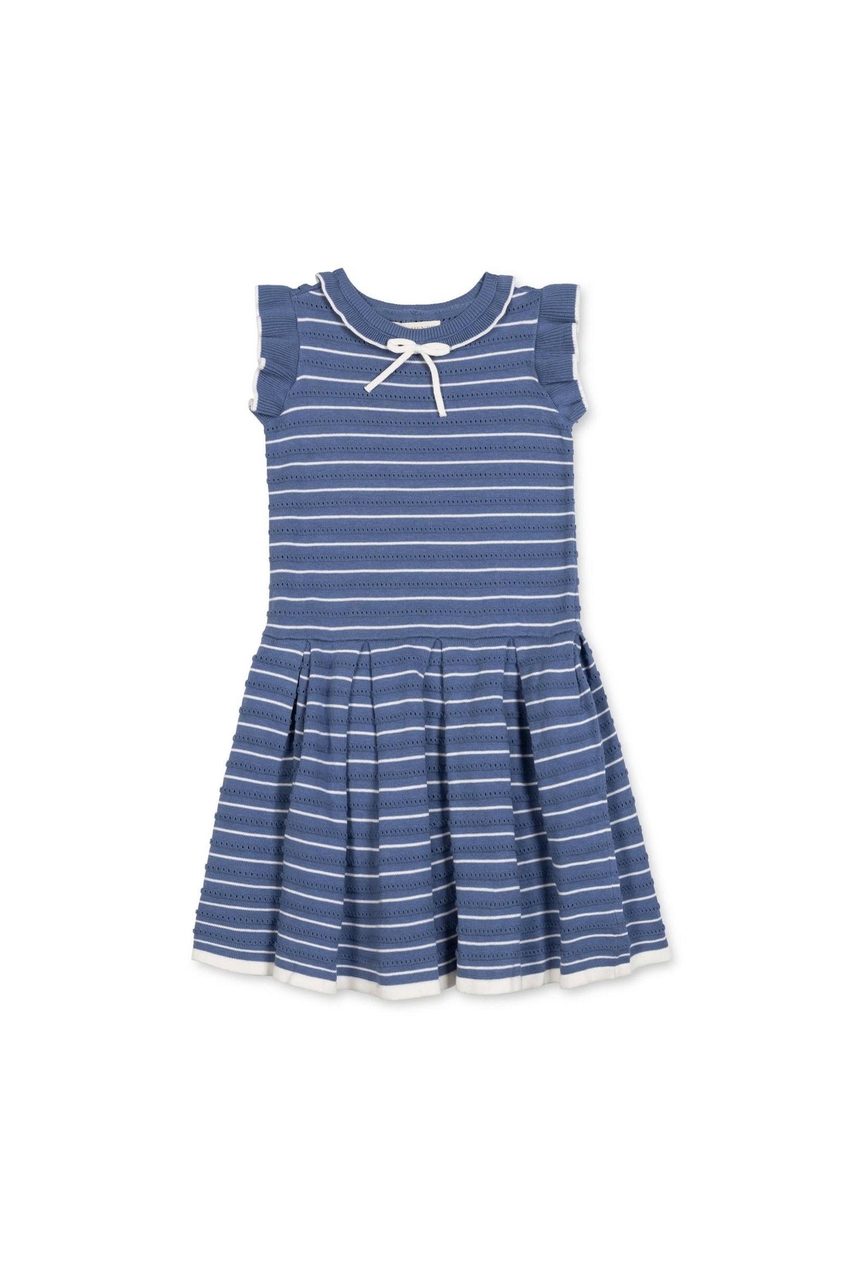 Organic cotton toddler dress in denim blue with white stripes features flutter sleeves and a ruffle collar with a bow. The pleated skirt is perfect for twirling and all-day comfort.