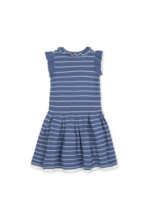 A denim blue striped sweater dress features flutter sleeves and a ruffle collar, made from soft organic cotton. The pleated skirt is perfect for twirling, designed for toddlers and girls.