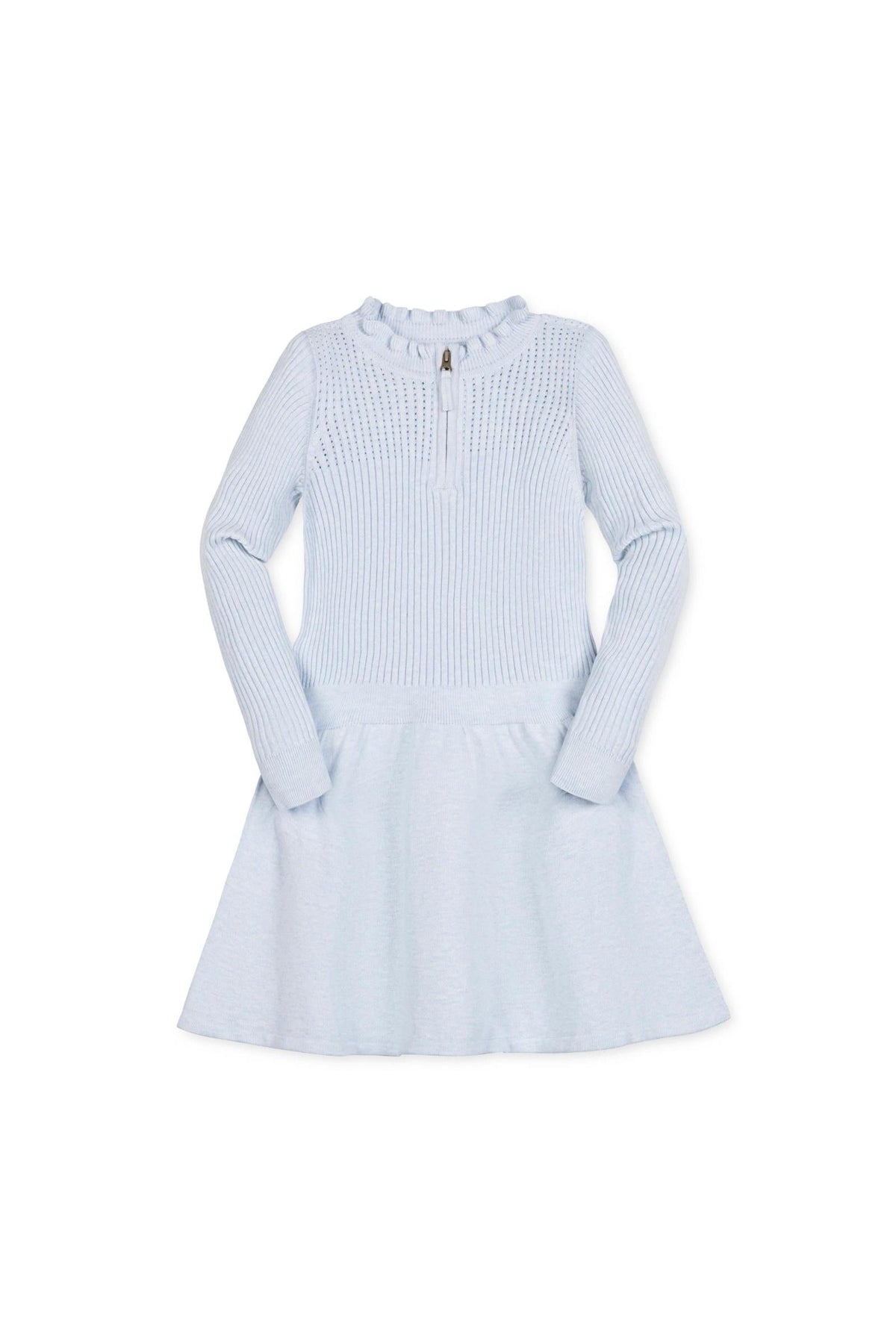 Light blue organic cotton sweater dress featuring a half zip mock neck and ruffle detailing.