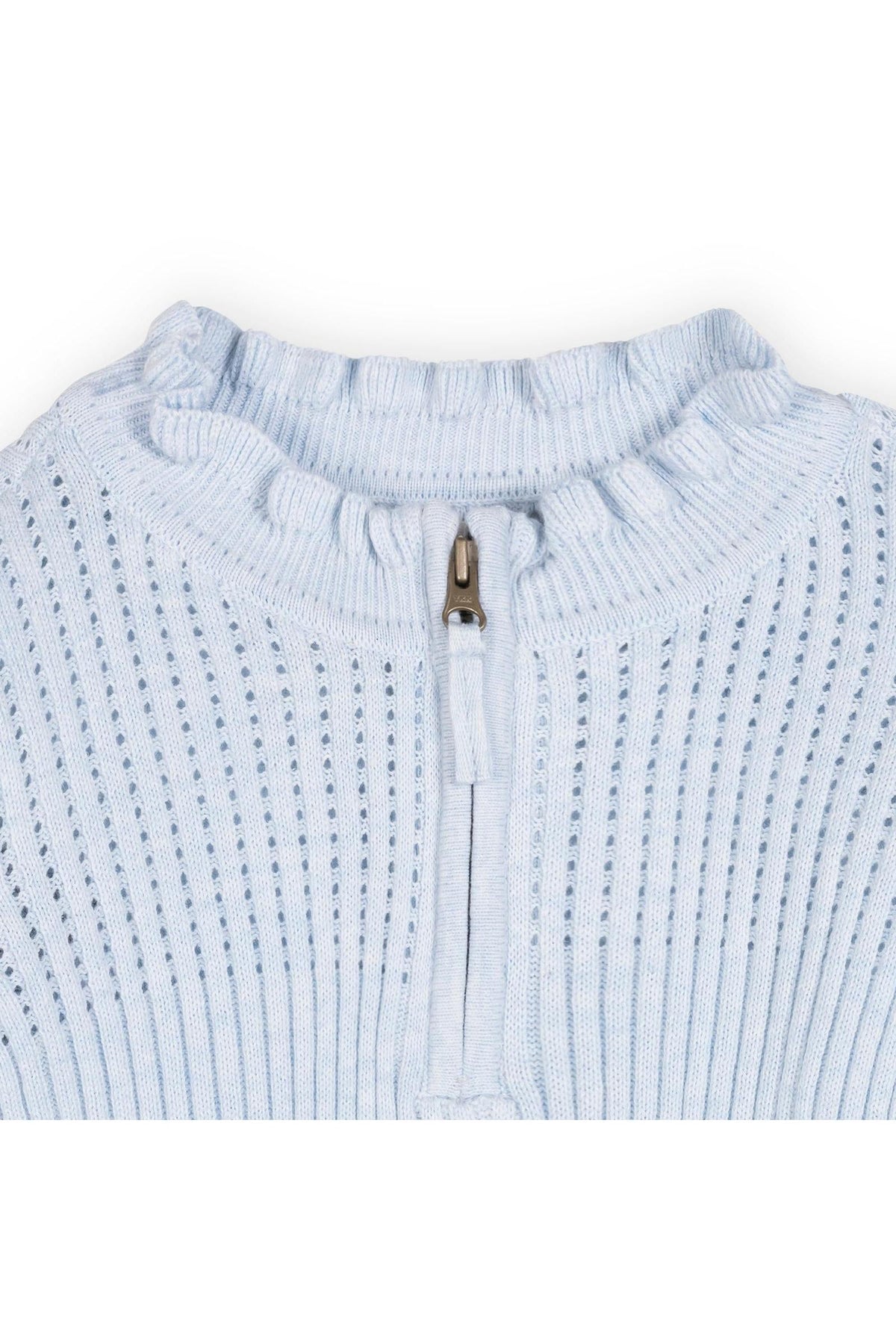 Light blue organic cotton sweater dress featuring a cozy mock neck, half zip closure, and ruffle edges. The textured stitch adds a charming detail, perfect for toddlers and girls.