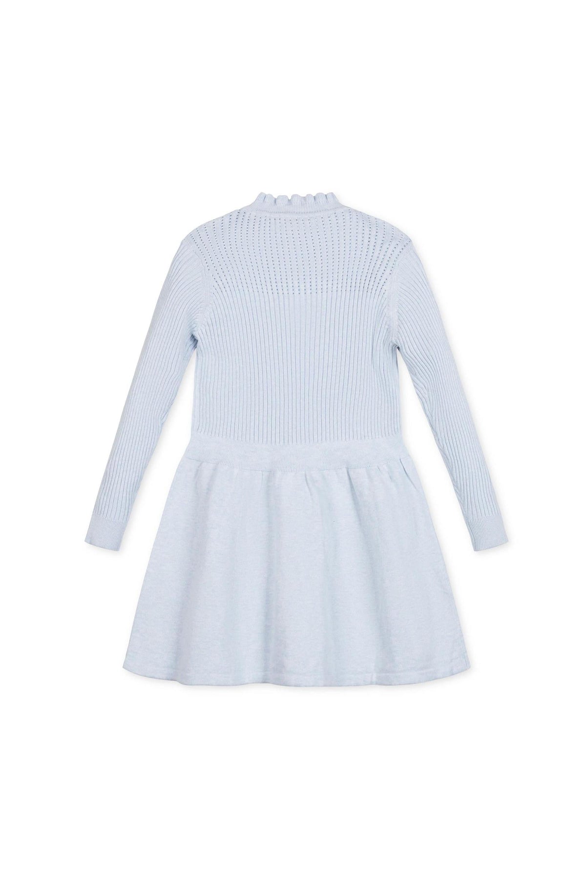 Back view of a light blue organic cotton sweater dress featuring a cozy mock neck, ruffle edge, and a drop waist with a full skirt, perfect for toddlers and girls.