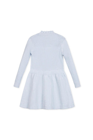 Back view of a light blue organic cotton sweater dress featuring a cozy mock neck, ruffle edge, and a drop waist with a full skirt, perfect for toddlers and girls.