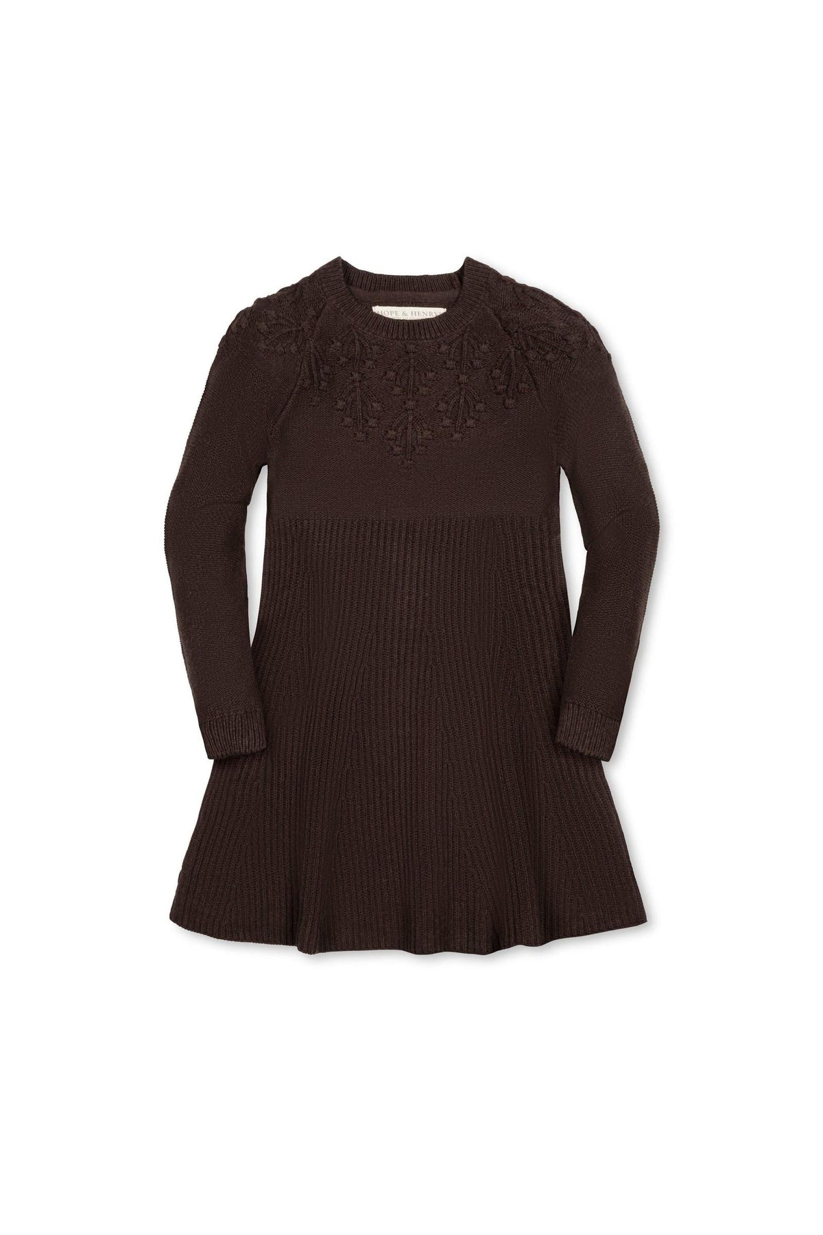 A chocolate heather sweater dress features a decorative stitch design around the shoulders, a ribbed texture, and a flared skirt, suitable for toddlers and girls. Made from 100% organic materials.