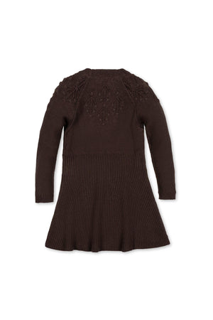 Back view of the chocolate heather Organic Bobble Yoke Sweater Dress featuring a decorative stitch pattern on the shoulders and a flared rib knit skirt, perfect for toddlers and girls.