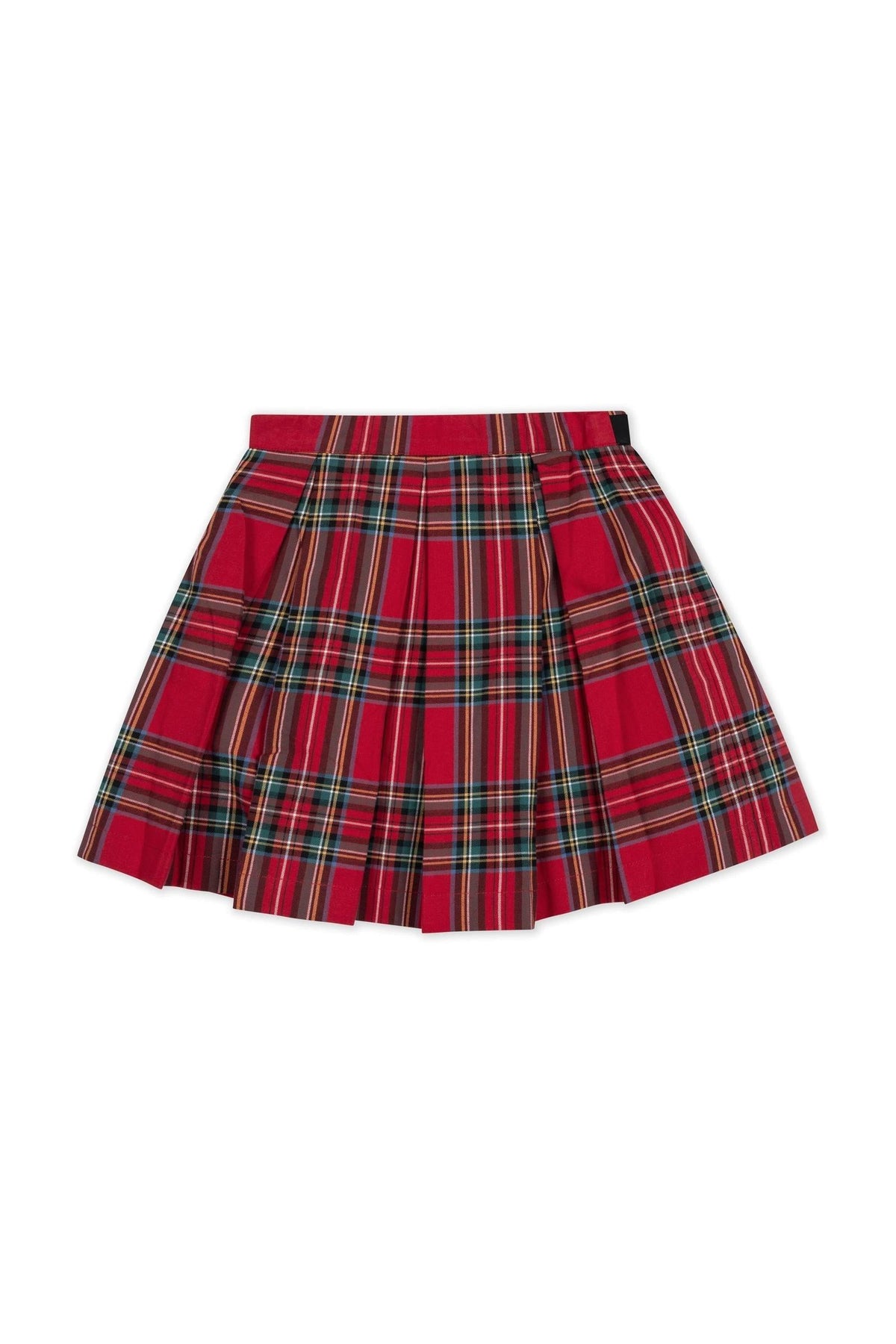 Red holiday tartan pleated party skirt featuring a full pleated design and a waist sash. Made from soft organic cotton, its perfect for toddlers and girls for festive occasions.