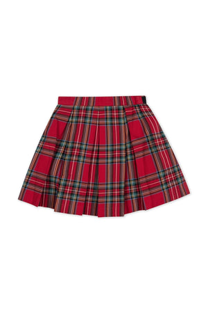Red holiday tartan pleated party skirt featuring a full pleated design and a waist sash. Made from soft organic cotton, its perfect for toddlers and girls for festive occasions.