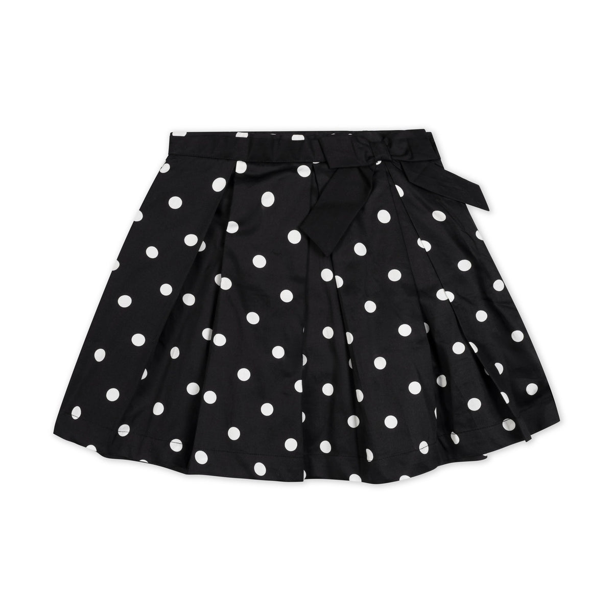Black pleated party skirt featuring white polka dots and a stylish waist sash with bow. Made from soft organic cotton, this skirt is perfect for toddlers and girls.