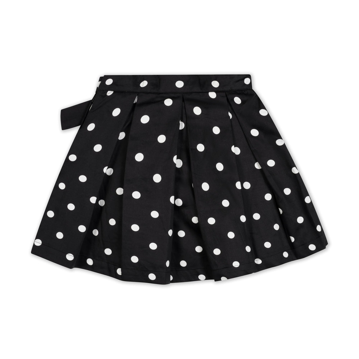 A black pleated party skirt featuring white polka dots, crafted from soft organic cotton. The skirt includes a waist sash with a bow, suitable for toddlers and girls.