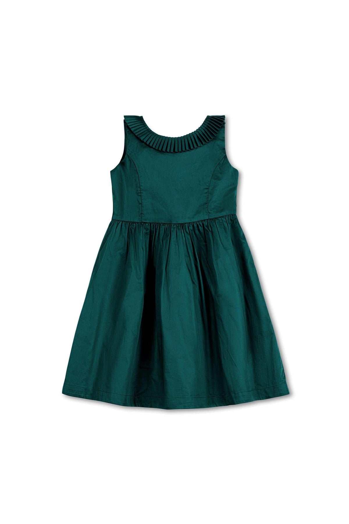 Deep green organic cotton dress featuring a pleated collar and a full skirt, ideal for toddlers and girls. The elegant design is perfect for holiday gatherings and special occasions.