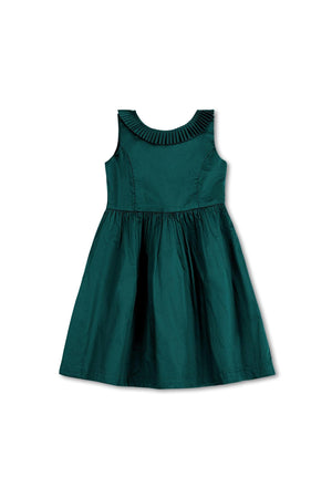 Deep green organic cotton dress featuring a pleated collar and a full skirt, ideal for toddlers and girls. The elegant design is perfect for holiday gatherings and special occasions.