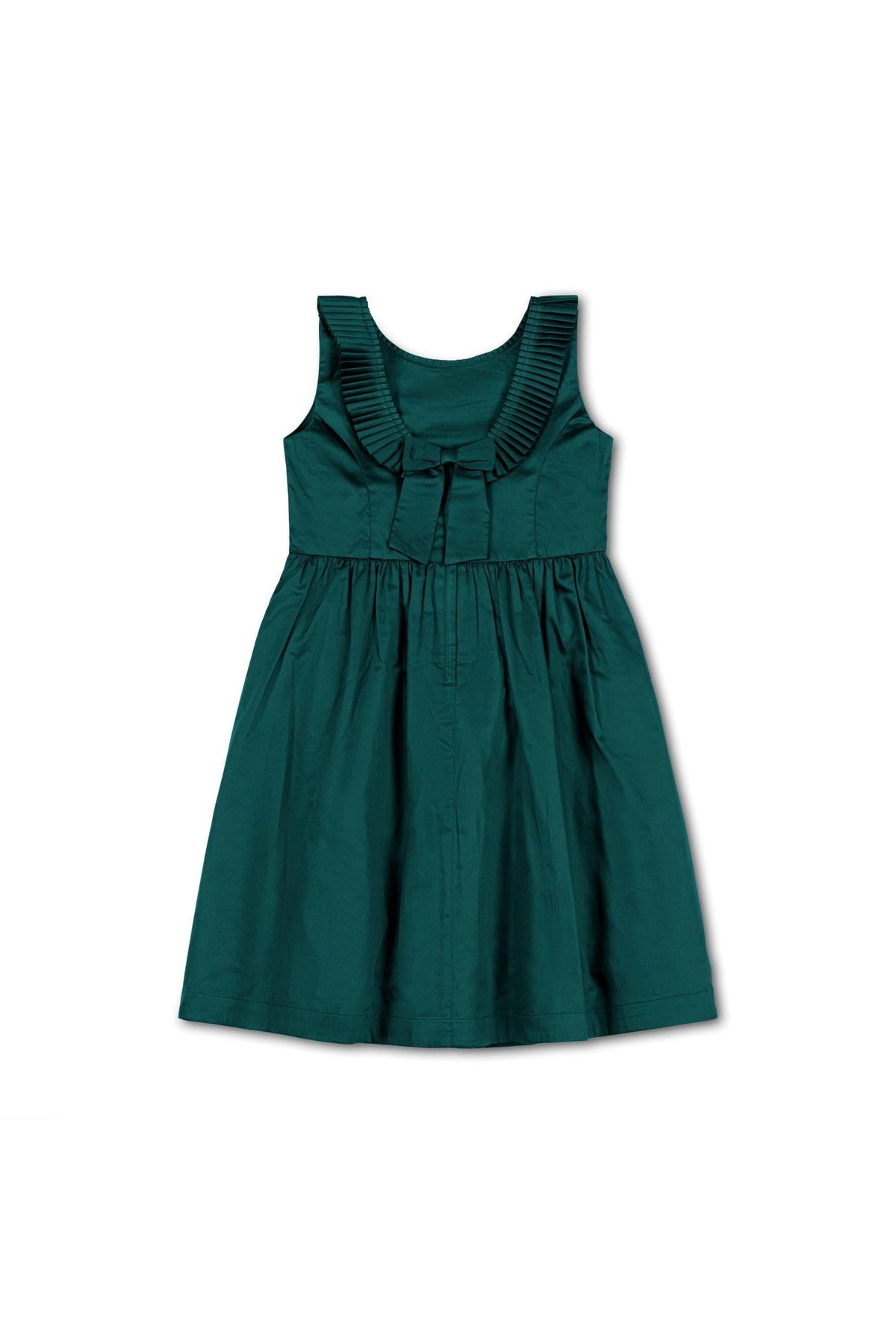 A deep green sleeveless party dress made from soft organic cotton features a pleated collar and a bow detail at the back, perfect for toddlers and girls.