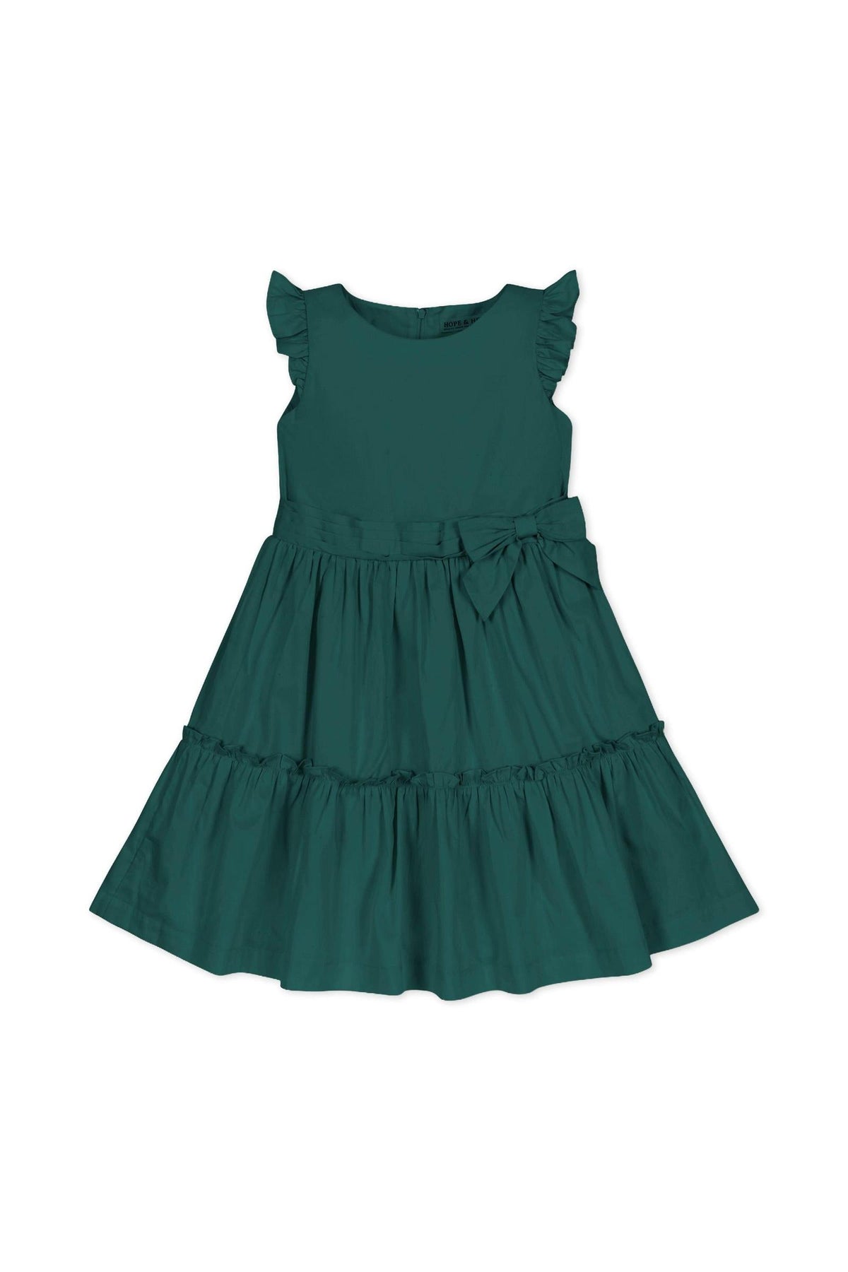 Deep green tiered party dress featuring soft organic cotton sateen, flutter sleeves, and a waist sash with bow. Ideal for toddlers and girls, perfect for festive occasions.