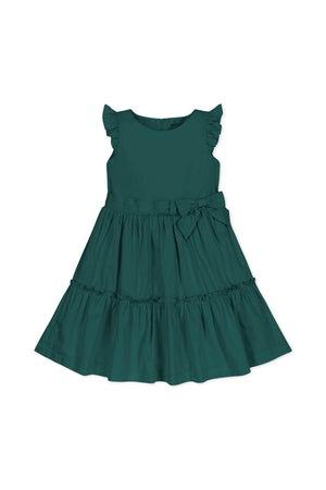 Deep green tiered party dress featuring soft organic cotton sateen, flutter sleeves, and a waist sash with bow. Ideal for toddlers and girls, perfect for festive occasions.