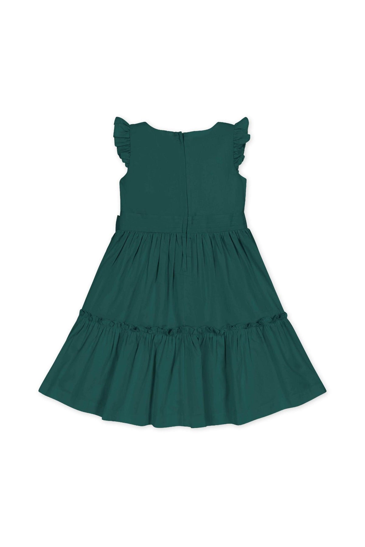 Back view of a deep green organic cotton sateen party dress for toddlers and girls, featuring flutter sleeves and a tiered skirt, ideal for festive occasions.