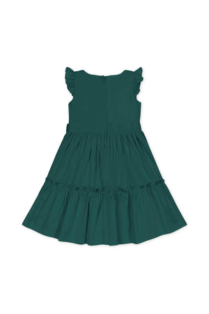 Back view of a deep green organic cotton sateen party dress for toddlers and girls, featuring flutter sleeves and a tiered skirt, ideal for festive occasions.