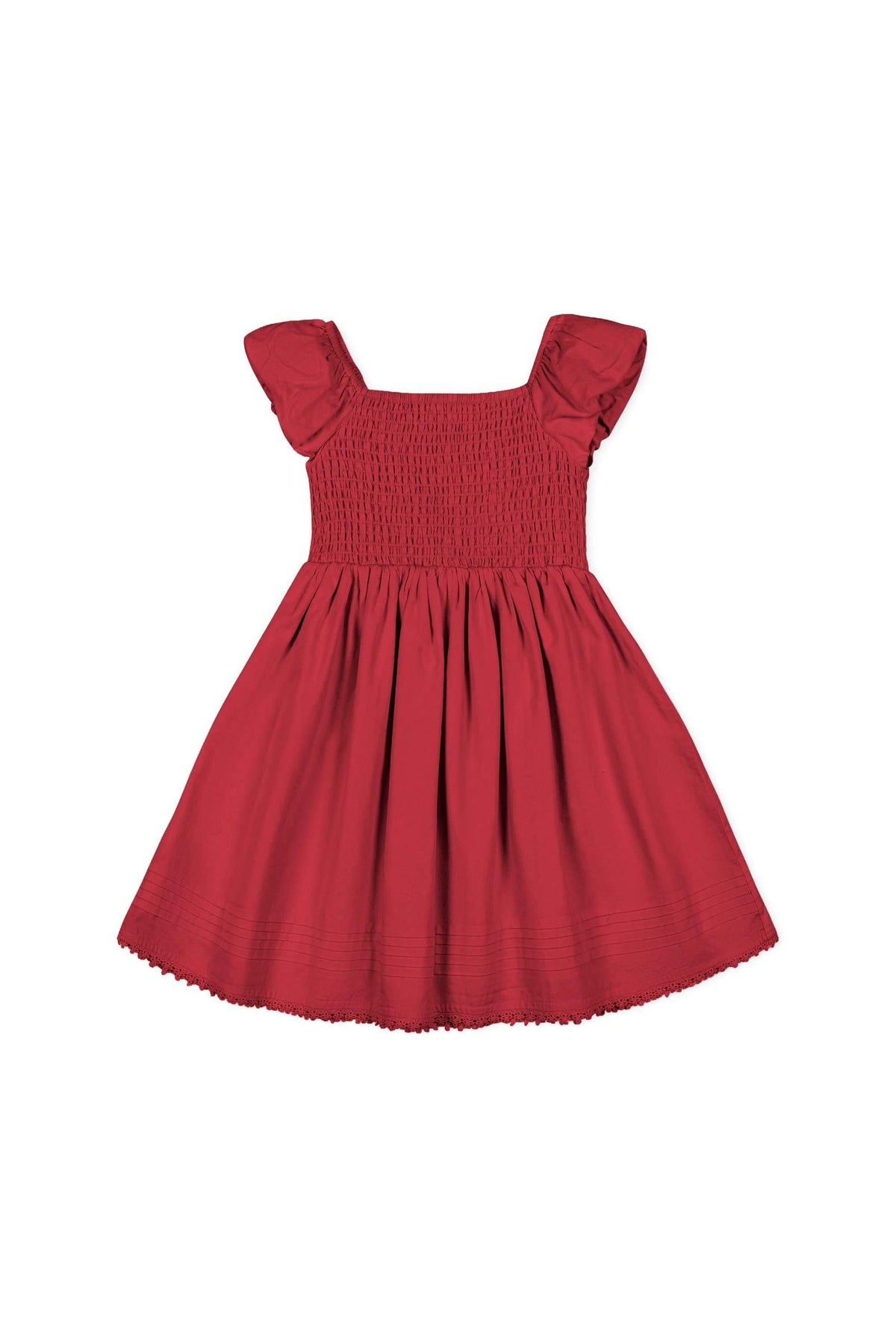 Red organic cotton sateen flower girl dress featuring a smocked bodice and gently puffed sleeves. Perfect for special occasions, this dress combines elegance with comfort for toddlers and girls.