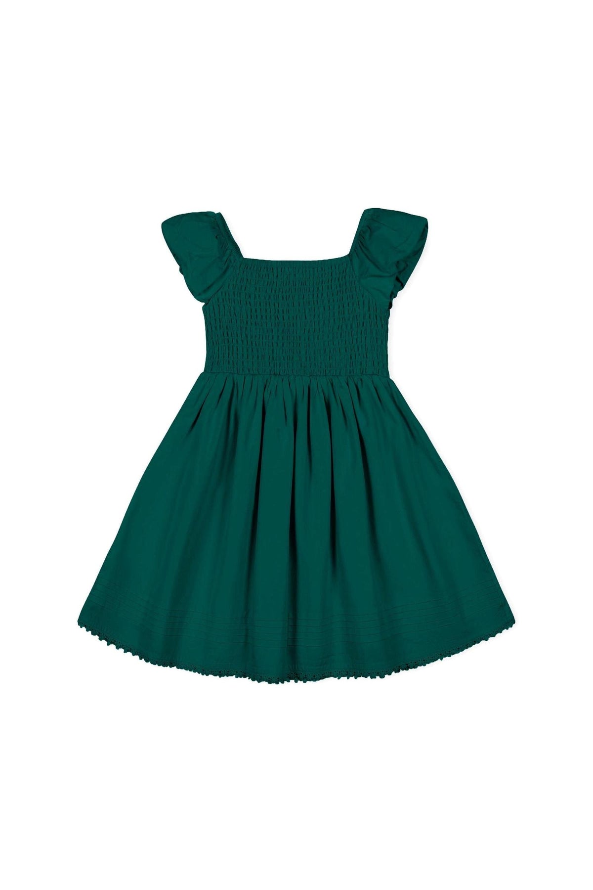 Deep green organic cotton sateen dress featuring a smocked bodice and gently puffed sleeves. Ideal for toddlers and girls, this elegant dress is perfect for special occasions and playful twirls.